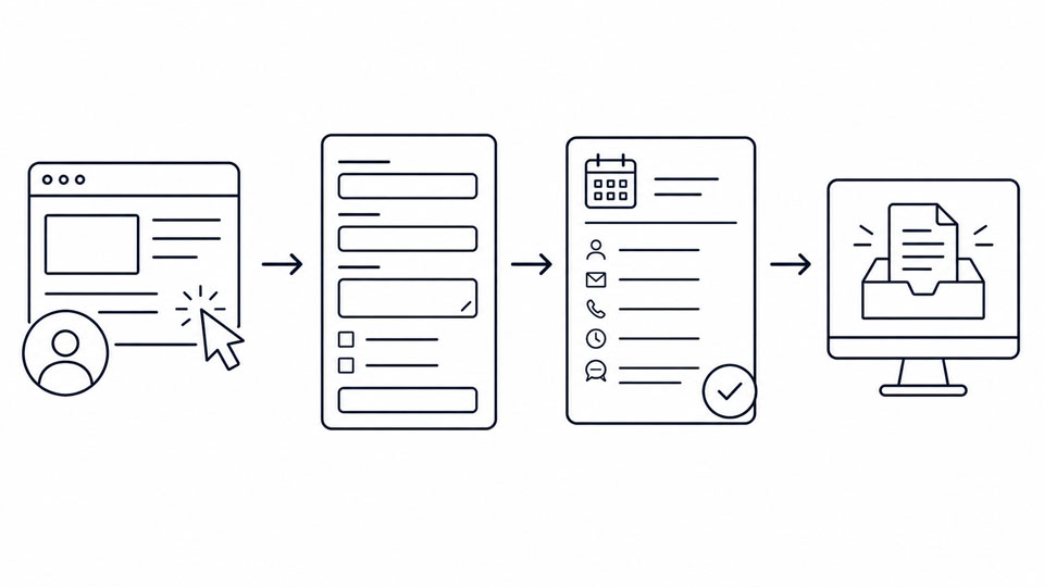 Diagram showing customer requests becoming booking, quote, or intake details.
