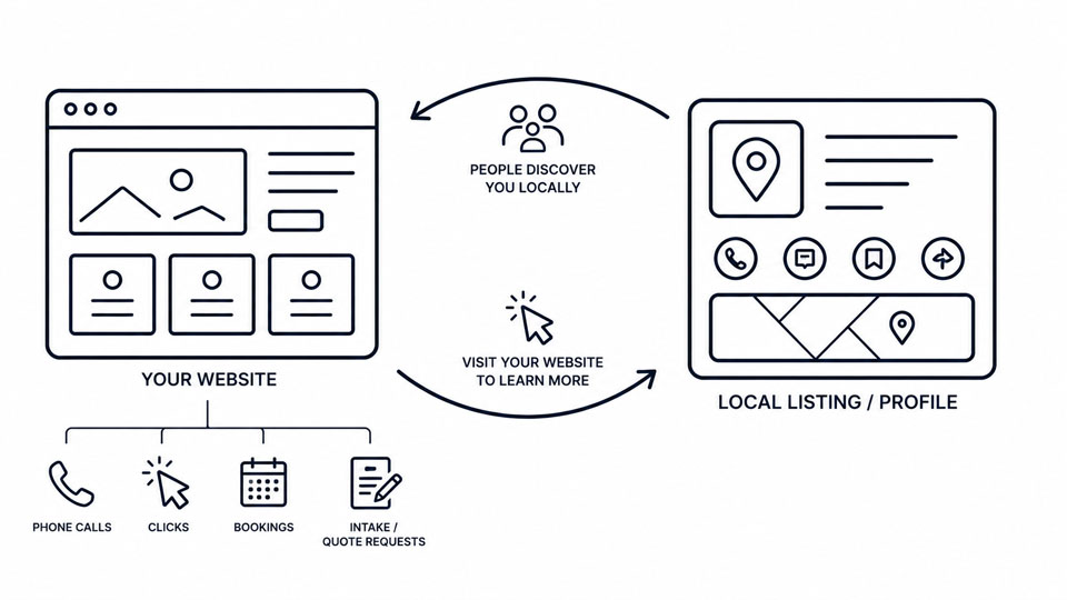 Diagram showing Google Business Profile discovery leading to website conversion actions.